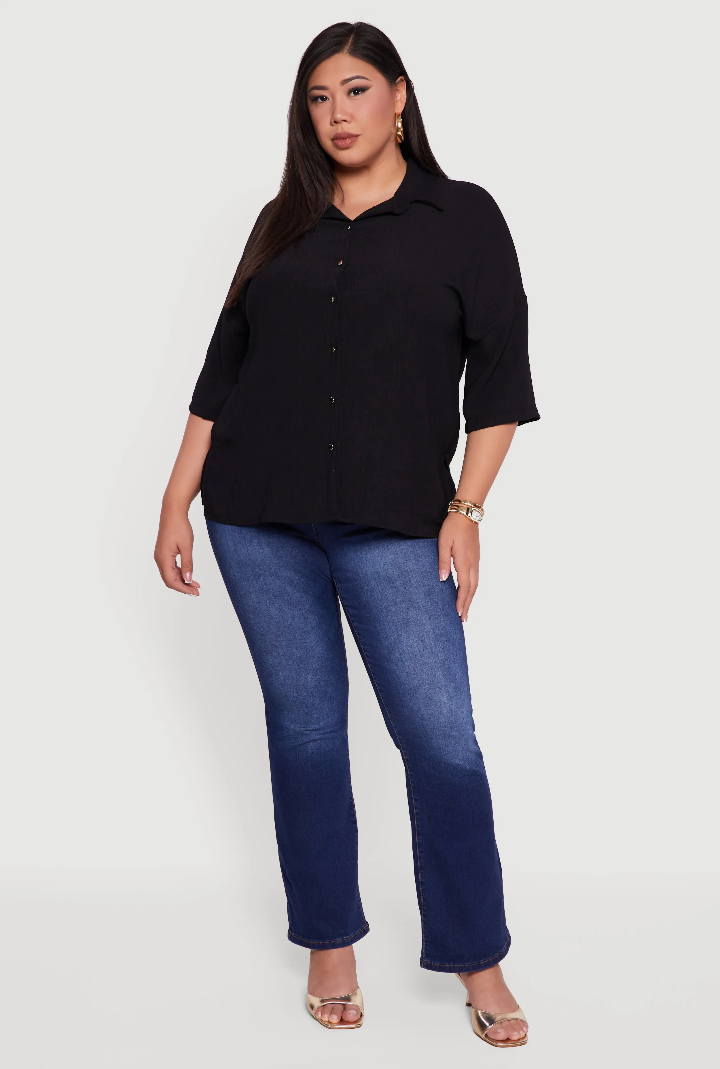 Plus Size Crepe Knit Boxy Button Front Shirt sold by Rainbow