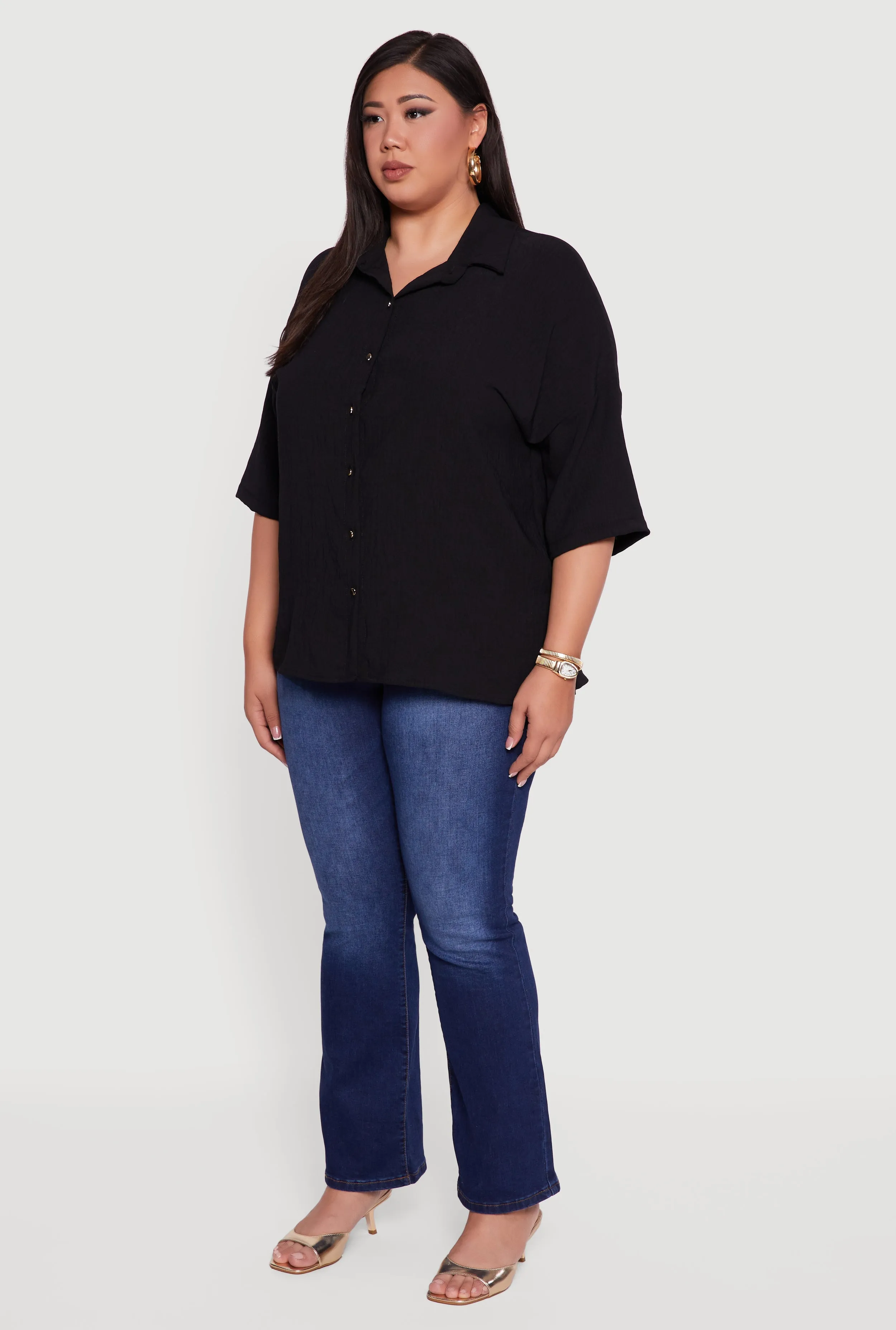 Plus Size Crepe Knit Boxy Button Front Shirt sold by Rainbow product image thumbnail 5