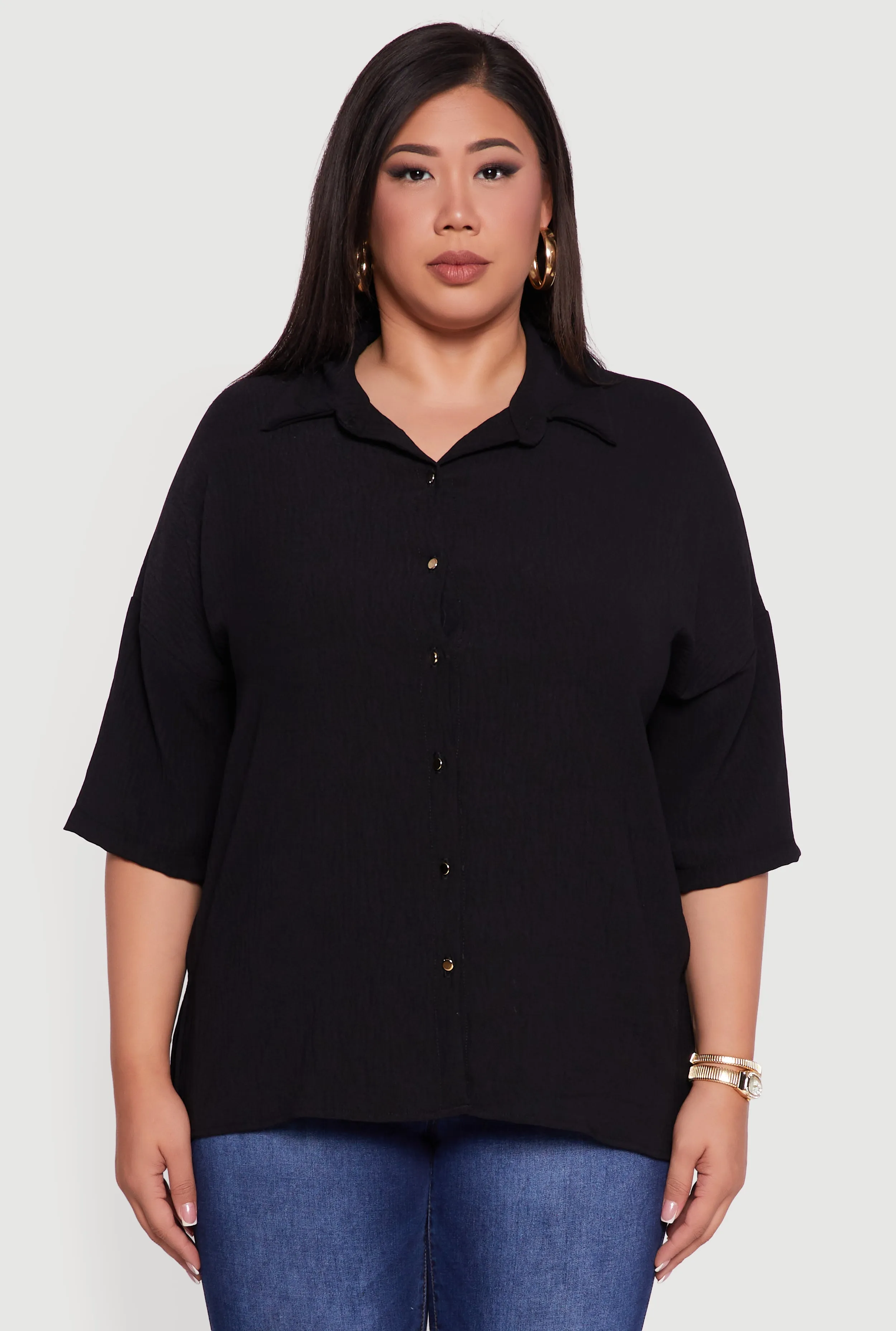Plus Size Crepe Knit Boxy Button Front Shirt sold by Rainbow product image thumbnail 2