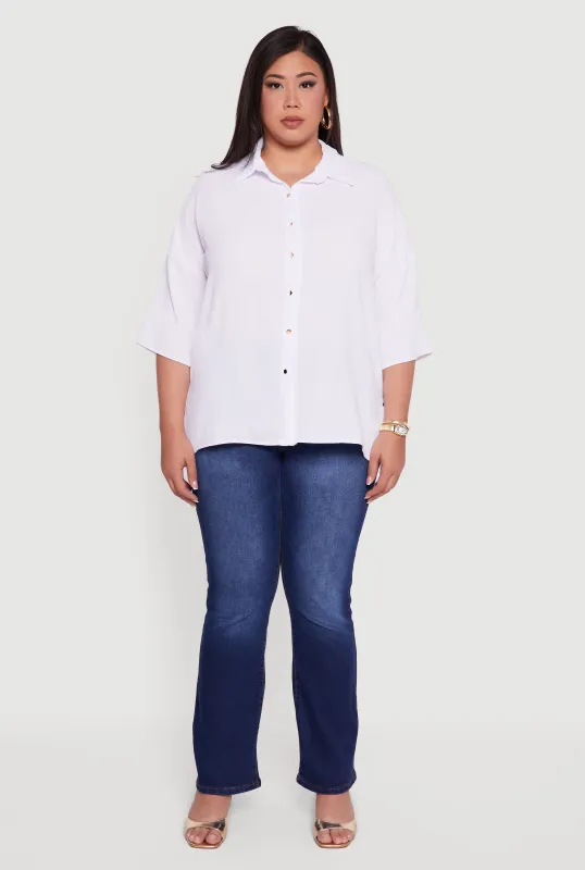 Plus Size Crepe Knit Boxy Button Front Shirt sold by Rainbow