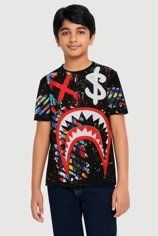 Boys Paint Splatter Shark Teeth Graphic Tee sold by Rainbow