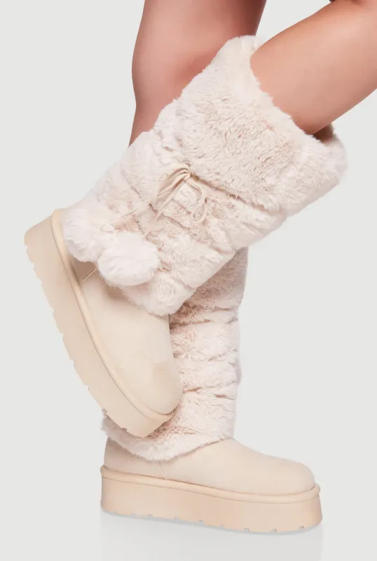 Faux Fur Cuff Lace Up Platform Boots with Pom Poms sold by Rainbow