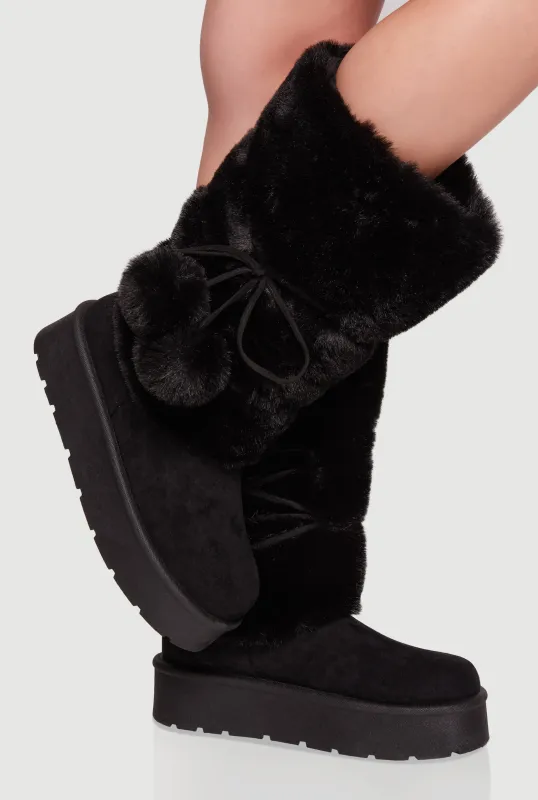 Faux Fur Cuff Lace Up Platform Boots with Pom Poms sold by Rainbow