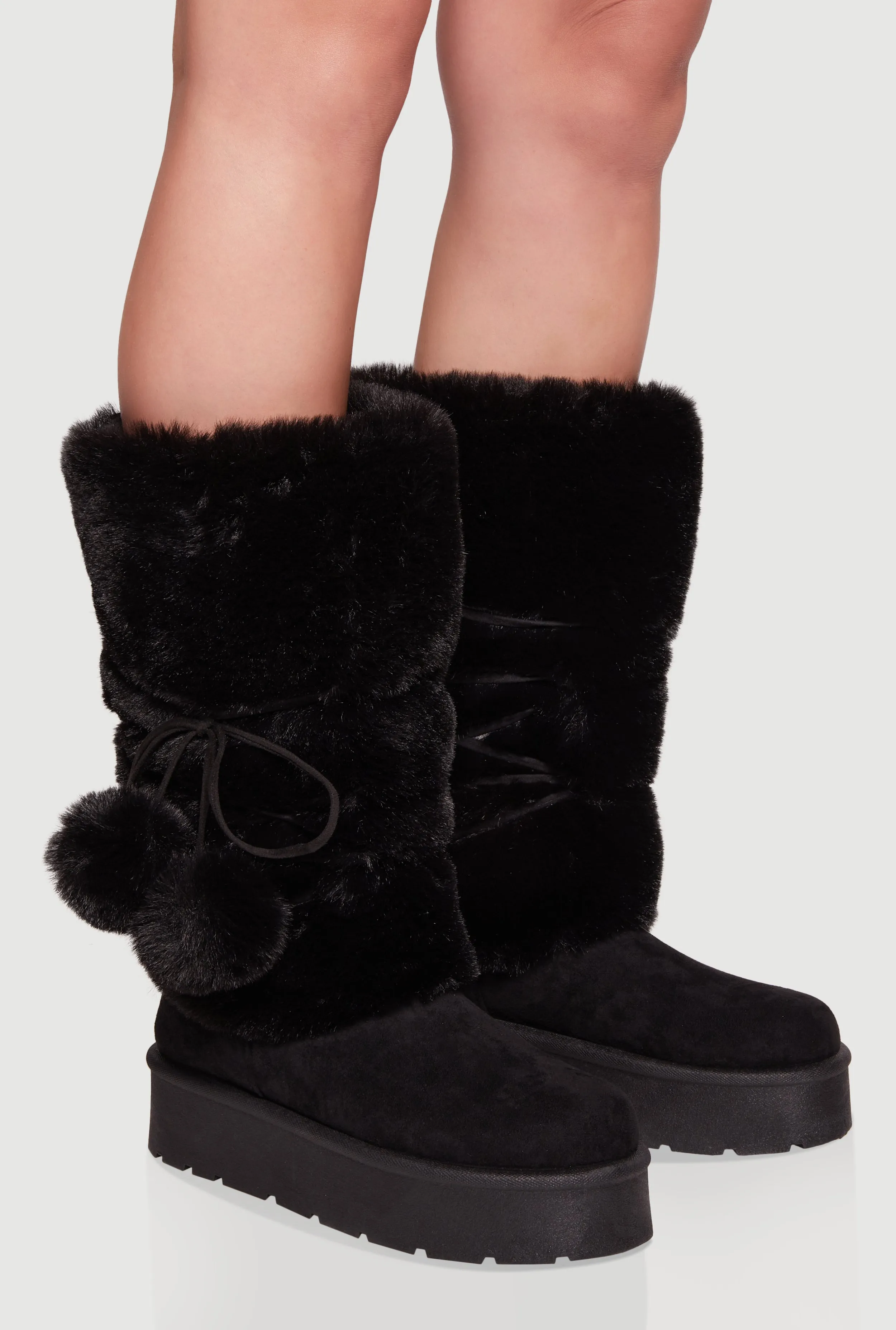 Faux Fur Cuff Lace Up Platform Boots with Pom Poms sold by Rainbow product image thumbnail 2