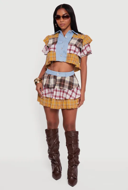 Denim Detail Raw Hem Plaid Mini Skirt sold by Rainbow