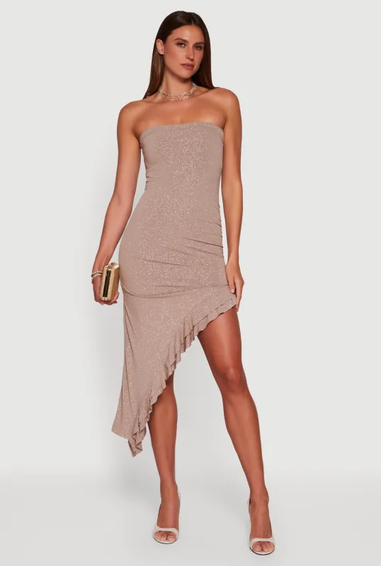 Side Ruched Asymmetrical Ruffle Trim Glittery Midi Dress sold by Rainbow