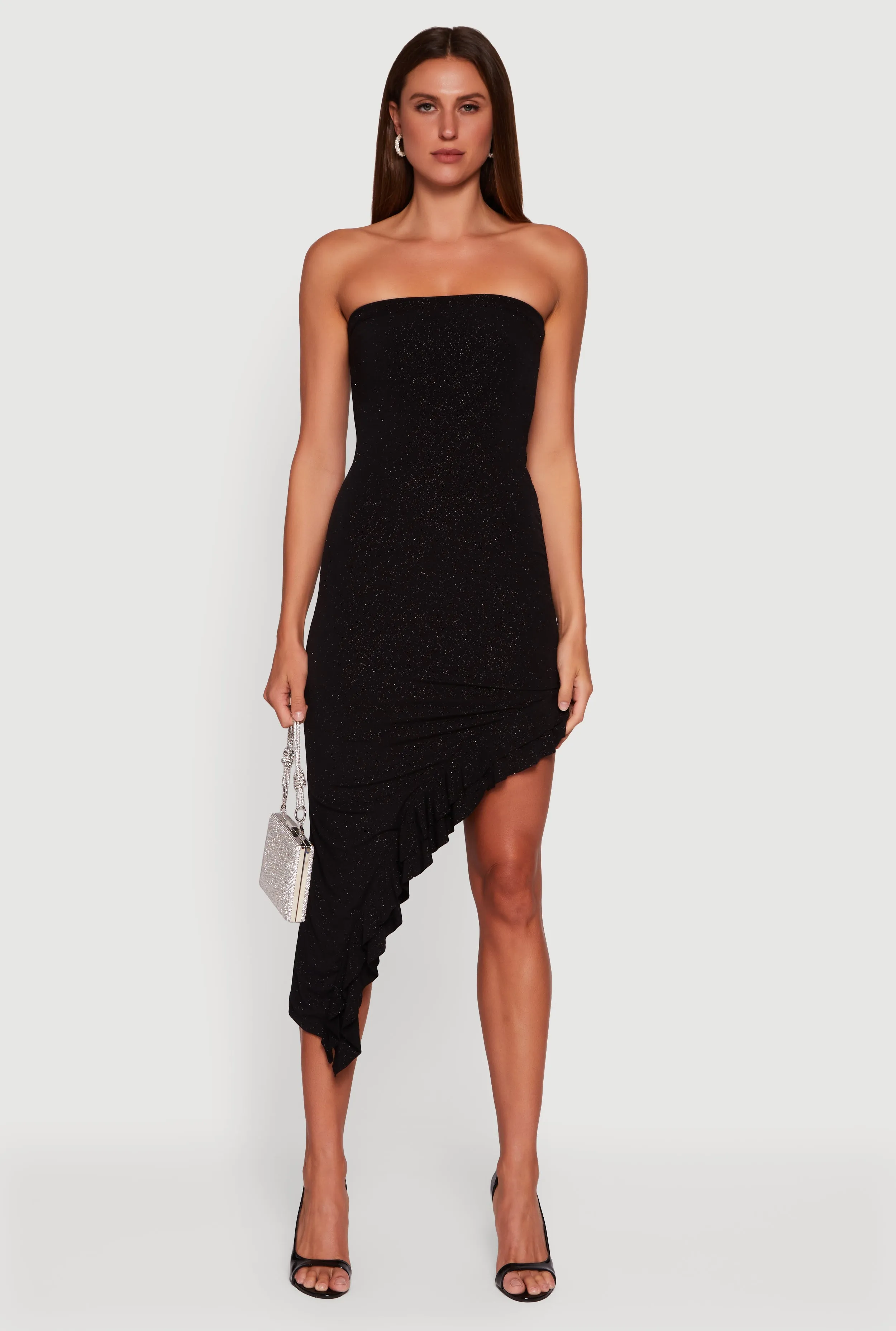 Side Ruched Asymmetrical Ruffle Trim Glittery Midi Dress sold by Rainbow product image thumbnail 2