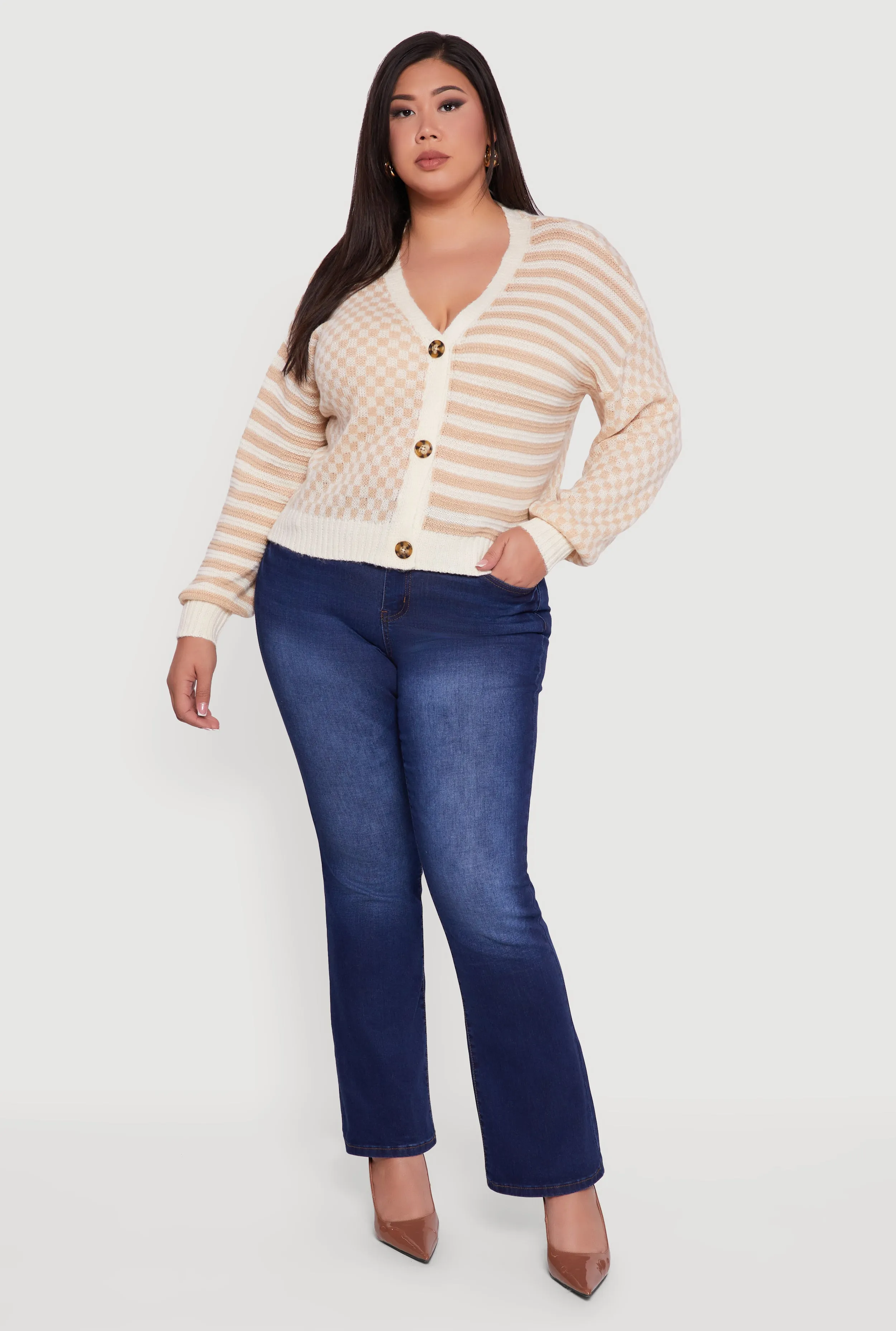 Plus Size Color Blocked Checkered Stripe Cardigan sold by Rainbow product image thumbnail 3