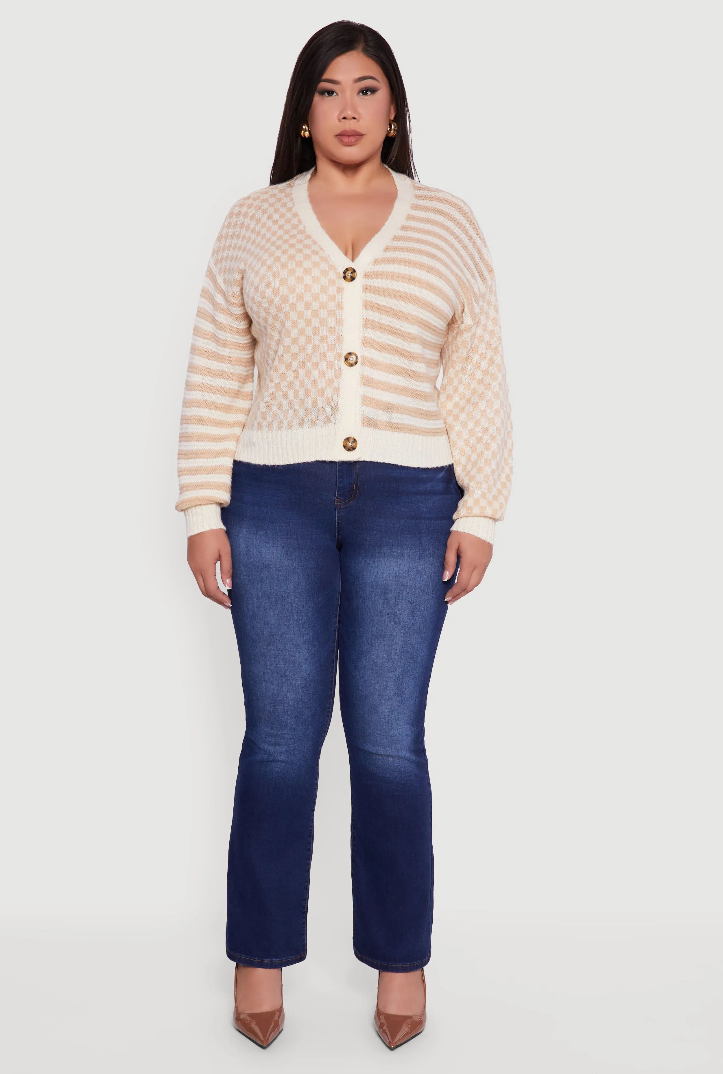 Plus Size Color Blocked Checkered Stripe Cardigan sold by Rainbow