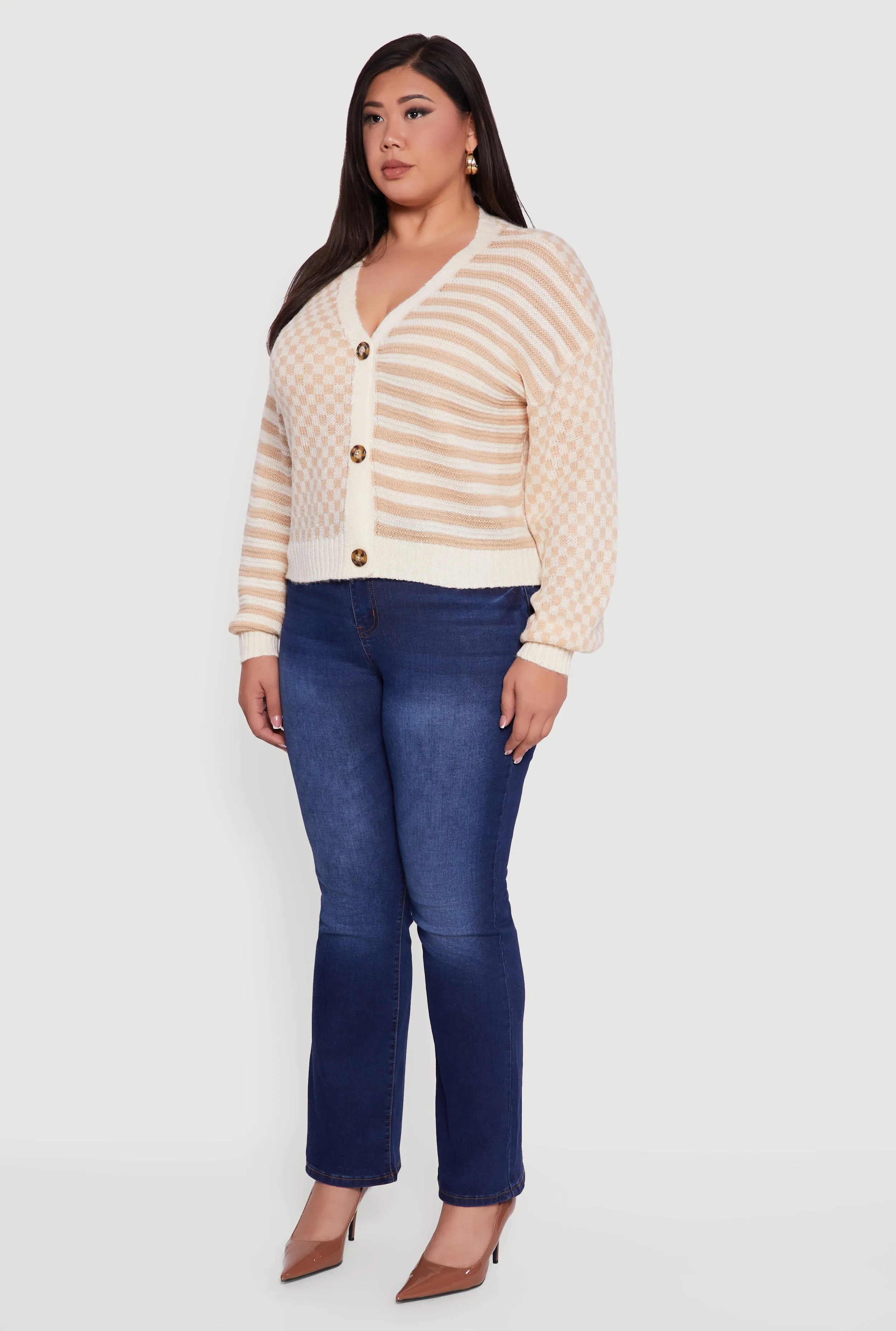 Plus Size Color Blocked Checkered Stripe Cardigan sold by Rainbow product image thumbnail 5