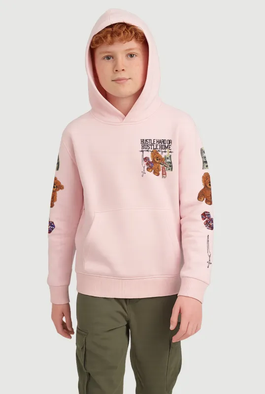 Boys Hustle Hard Teddy Graphic Pullover Hoodie made by Rainbow