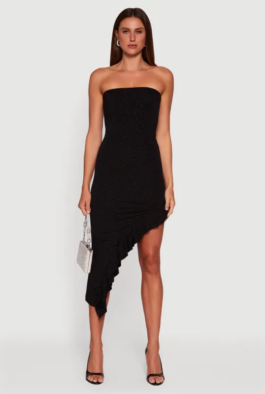 Side Ruched Asymmetrical Ruffle Trim Glittery Midi Dress sold by Rainbow