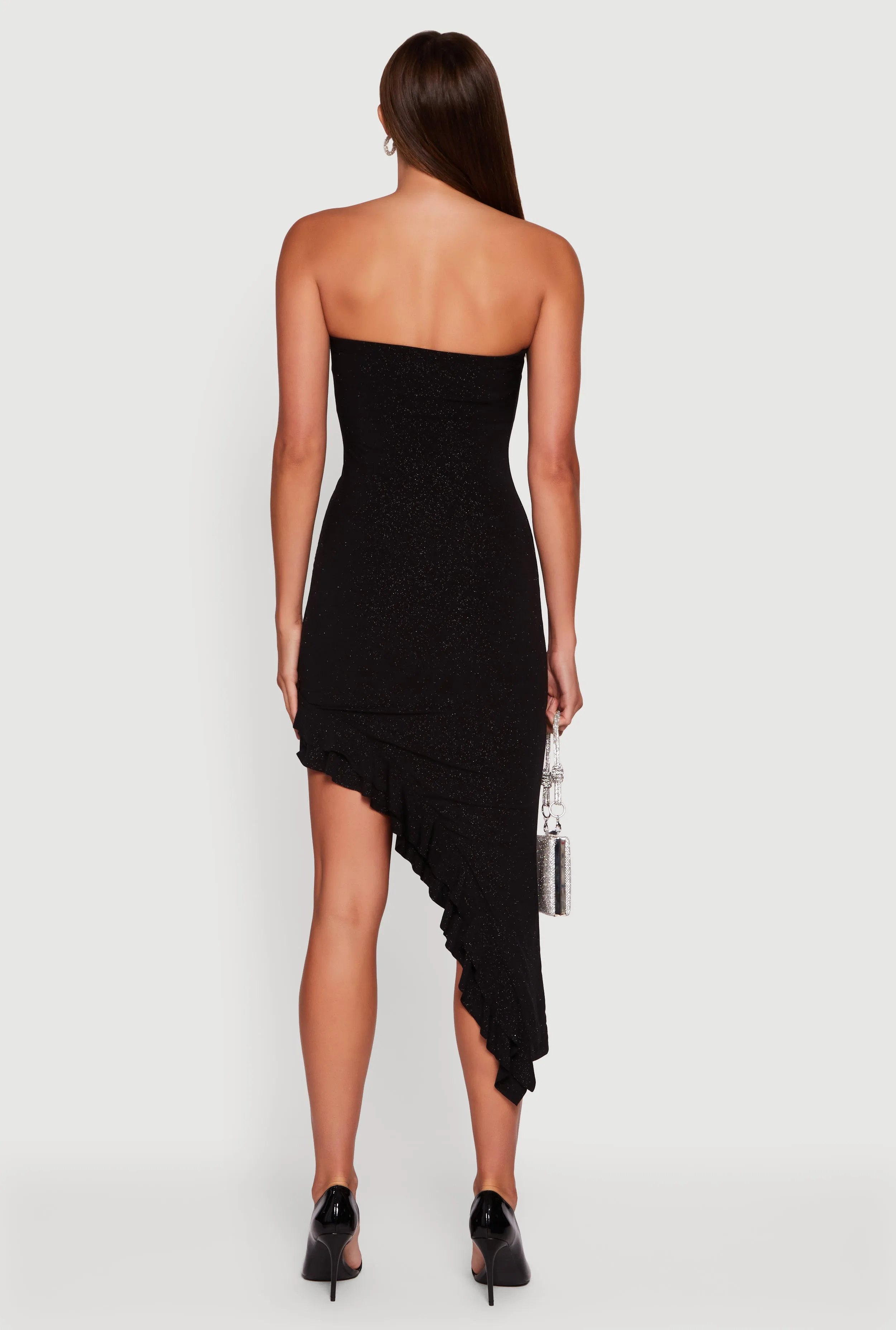 Side Ruched Asymmetrical Ruffle Trim Glittery Midi Dress sold by Rainbow product image thumbnail 5