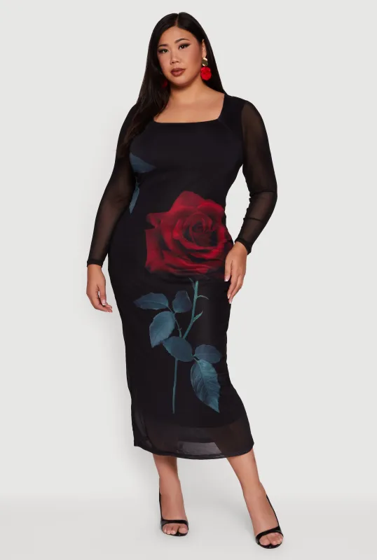 Plus Size Almost Famous Mesh Rose Print Maxi Dress sold by Rainbow