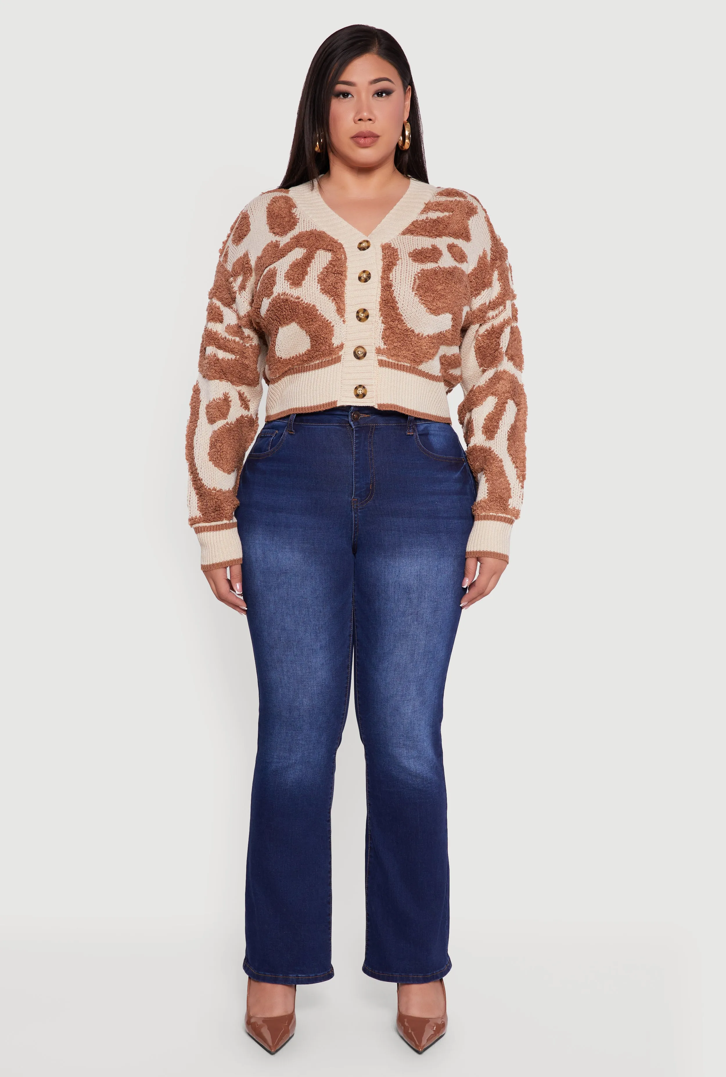 Plus Size Tufted Knit Cropped Button Front Cardigan sold by Rainbow