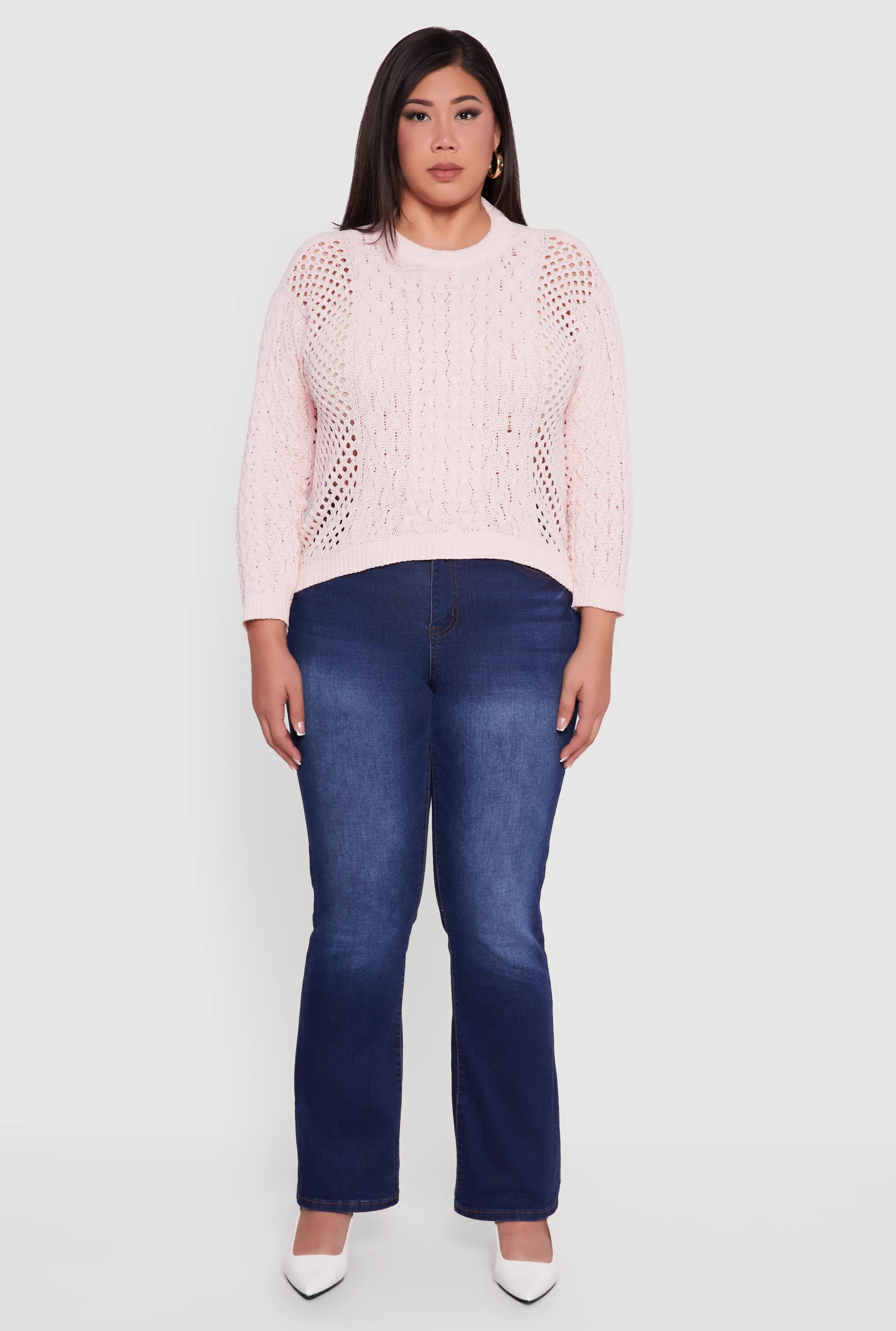 Plus Size Pointelle Cable Knit Long Sleeve Pullover Sweater sold by Rainbow