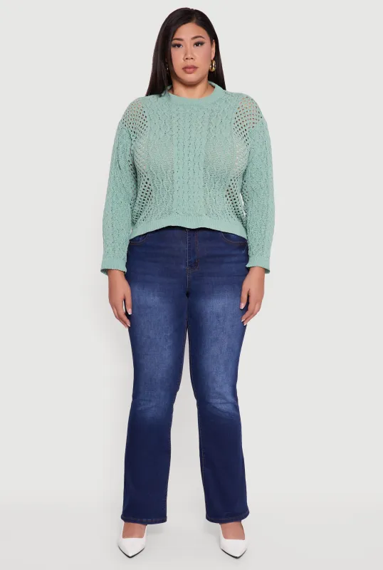 Plus Size Pointelle Cable Knit Long Sleeve Pullover Sweater sold by Rainbow