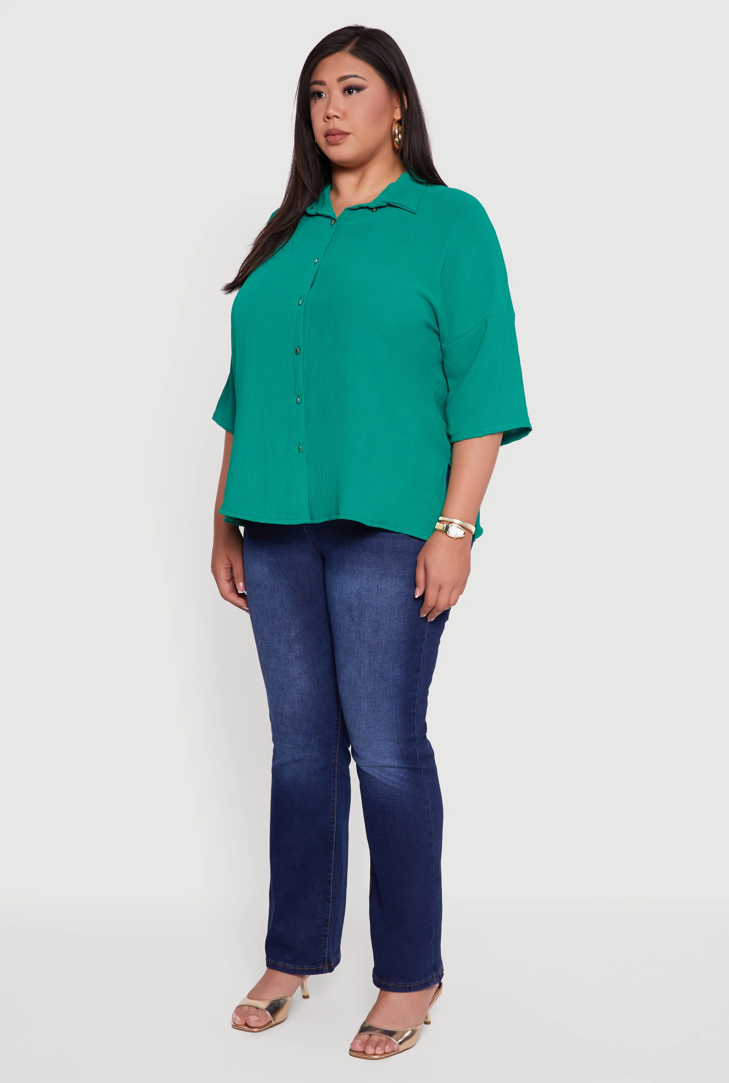 Plus Size Crepe Knit Boxy Button Front Shirt sold by Rainbow product image thumbnail 5