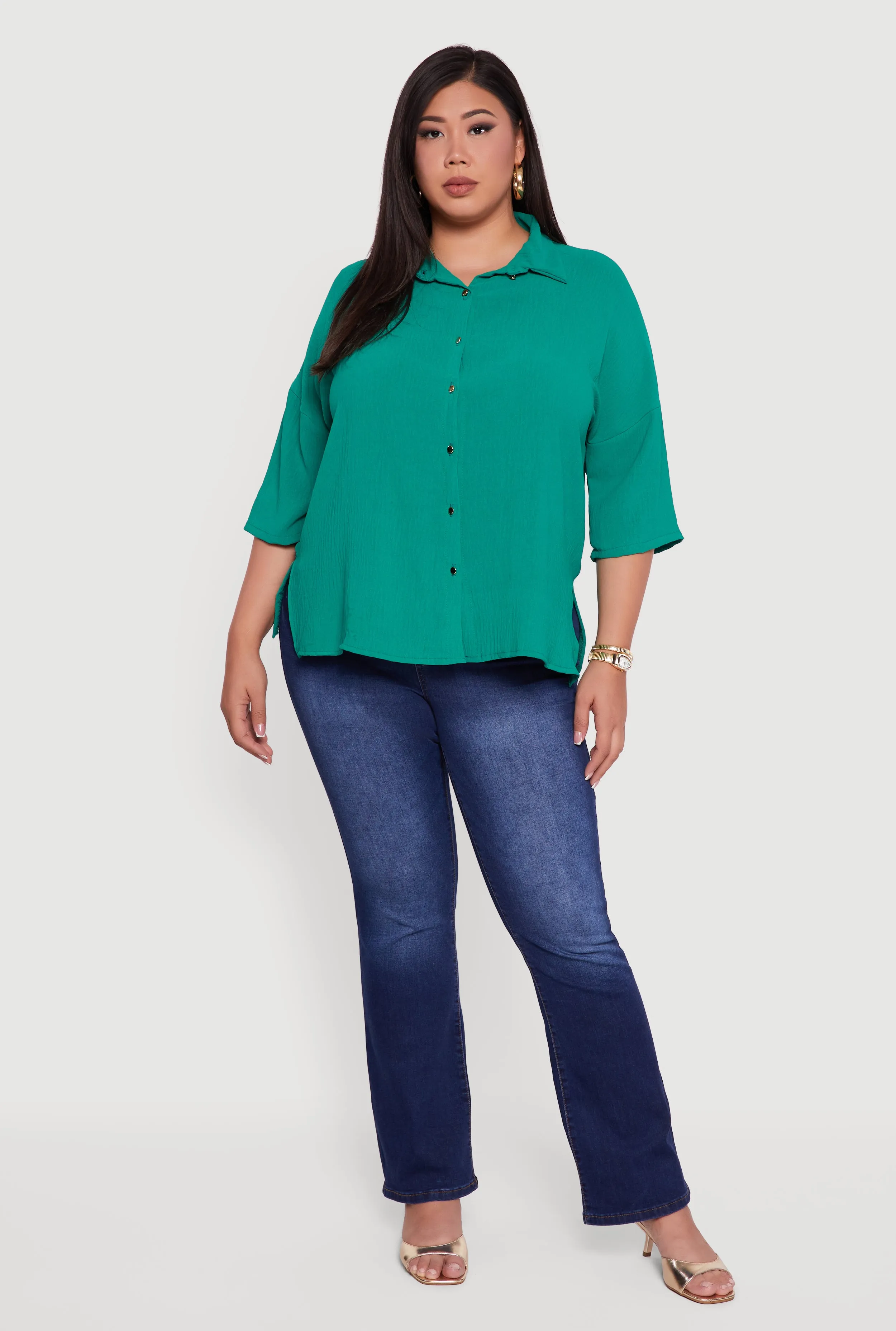 Plus Size Crepe Knit Boxy Button Front Shirt sold by Rainbow product image thumbnail 3