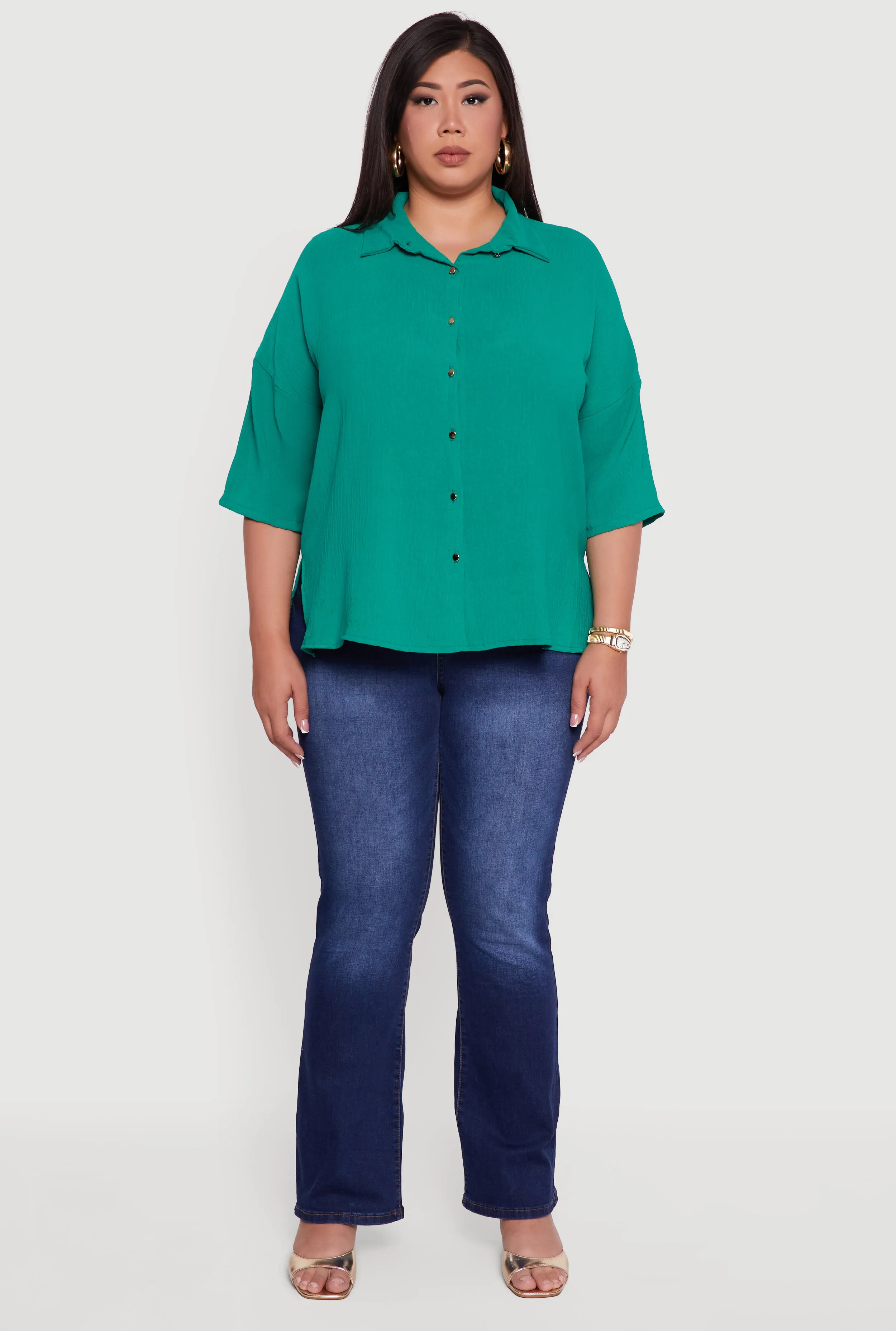 Plus Size Crepe Knit Boxy Button Front Shirt sold by Rainbow