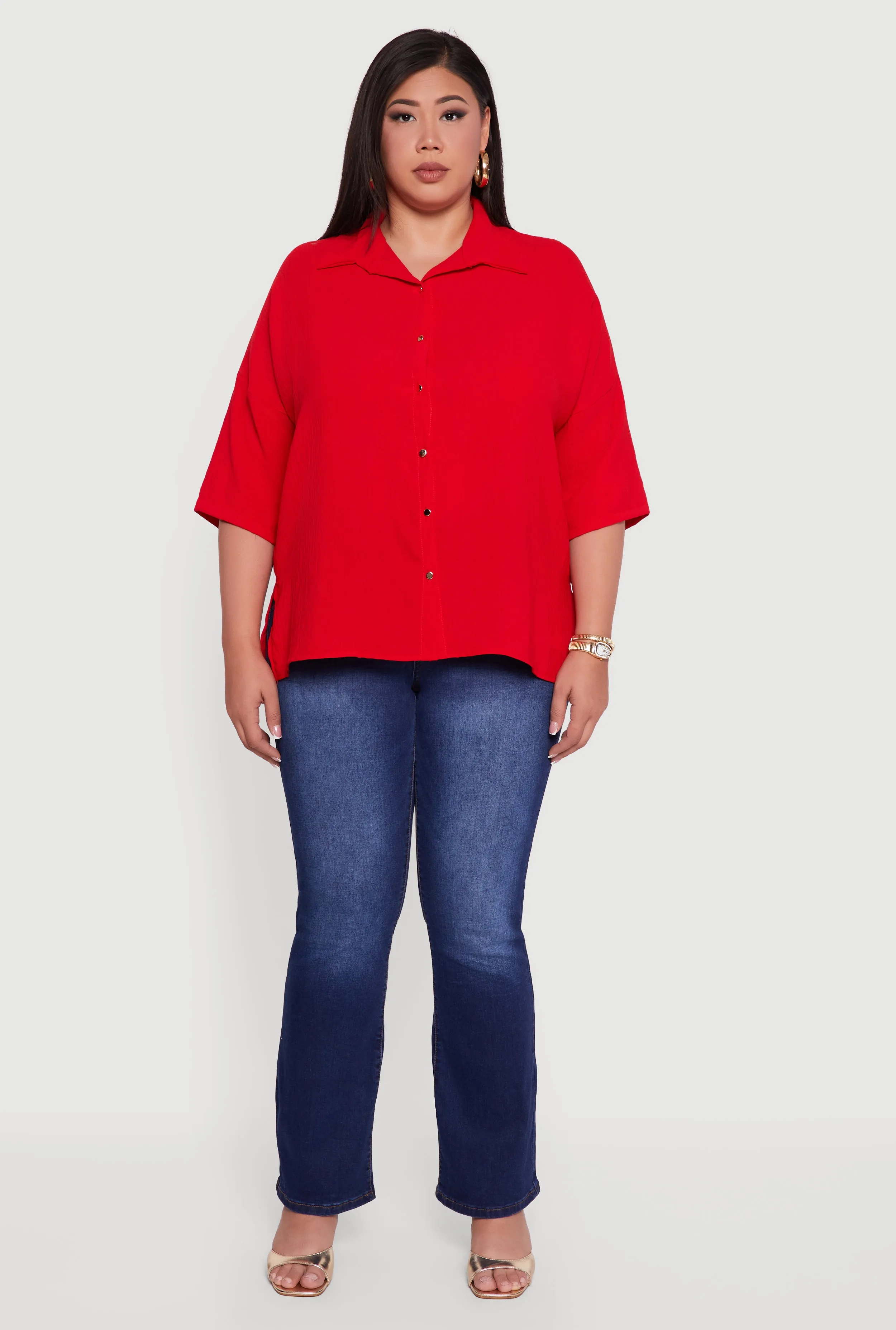 Plus Size Crepe Knit Boxy Button Front Shirt sold by Rainbow product image thumbnail 3
