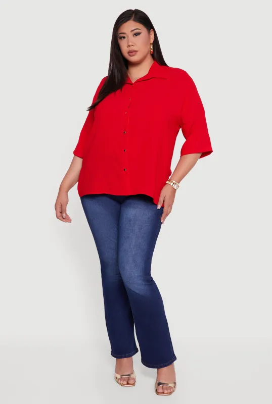 Plus Size Crepe Knit Boxy Button Front Shirt sold by Rainbow