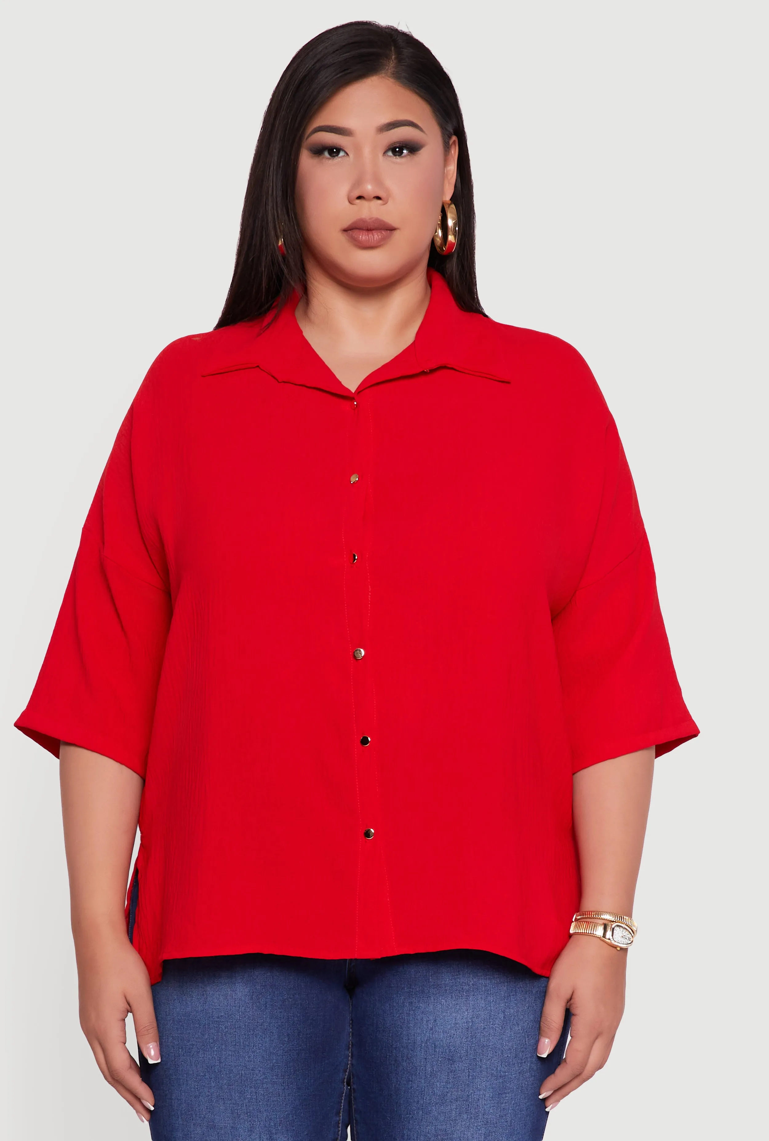Plus Size Crepe Knit Boxy Button Front Shirt sold by Rainbow product image thumbnail 2