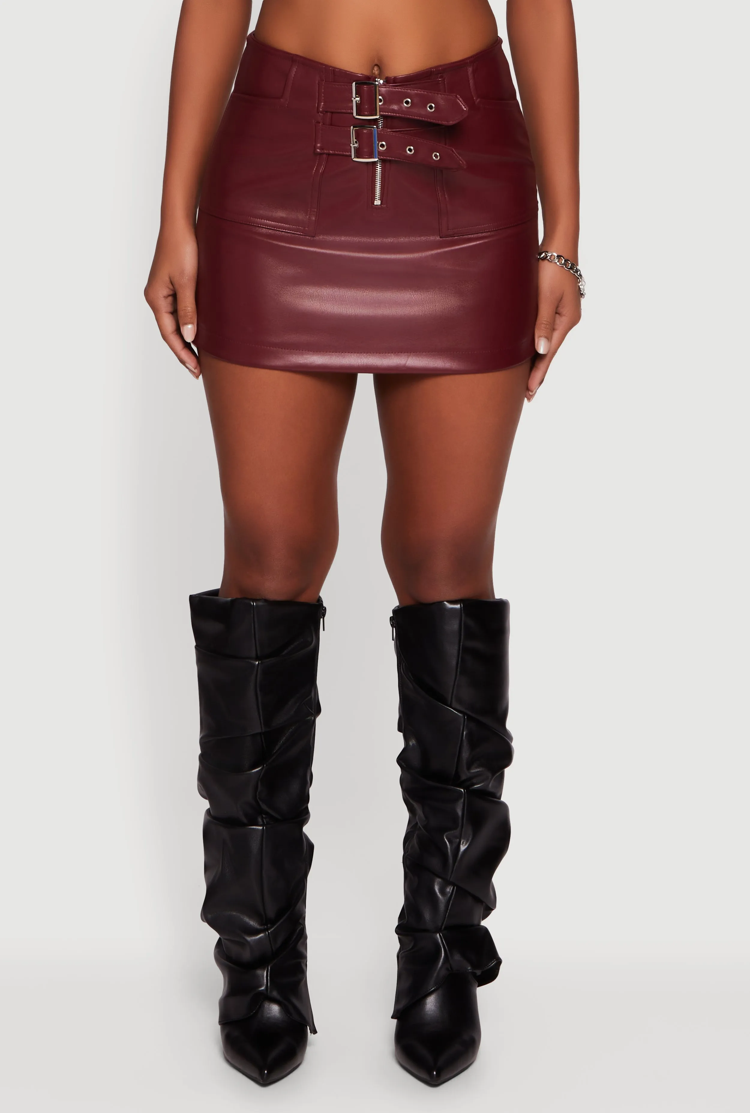 Faux Leather Double Buckle Mini Pencil Skirt sold by Rainbow product image thumbnail 3