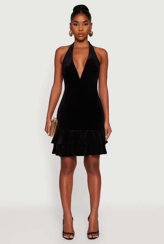Velvet Ruffle Tiered Tie Back Halter Dress sold by Rainbow
