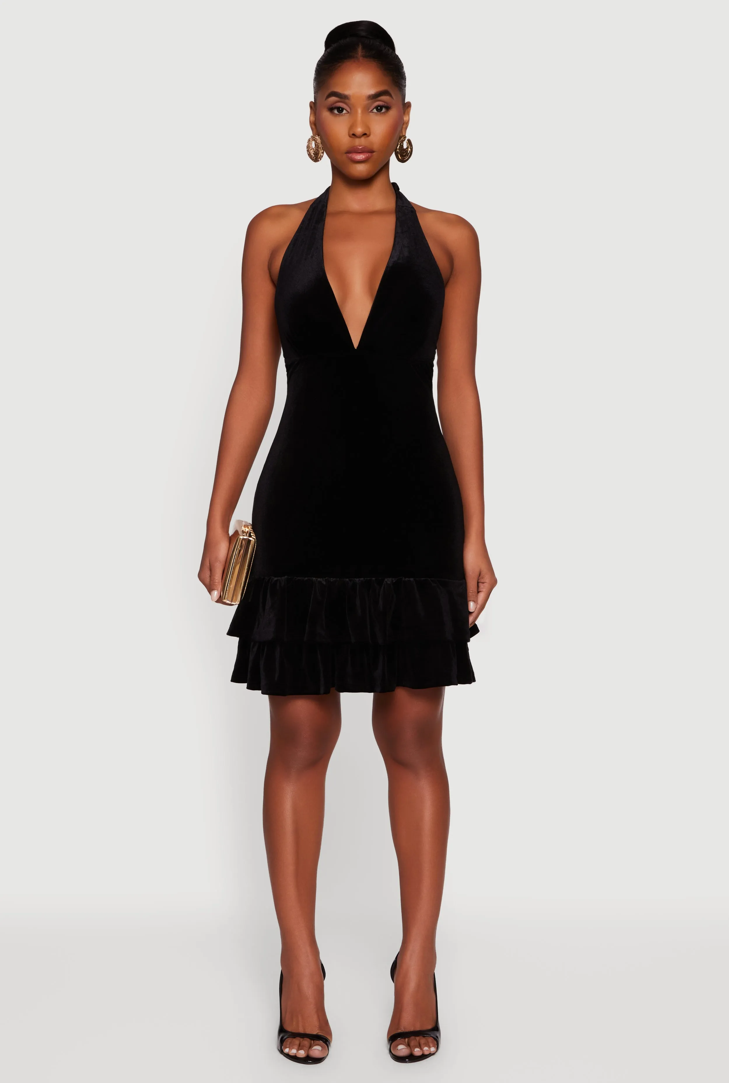 Velvet Ruffle Tiered Tie Back Halter Dress sold by Rainbow