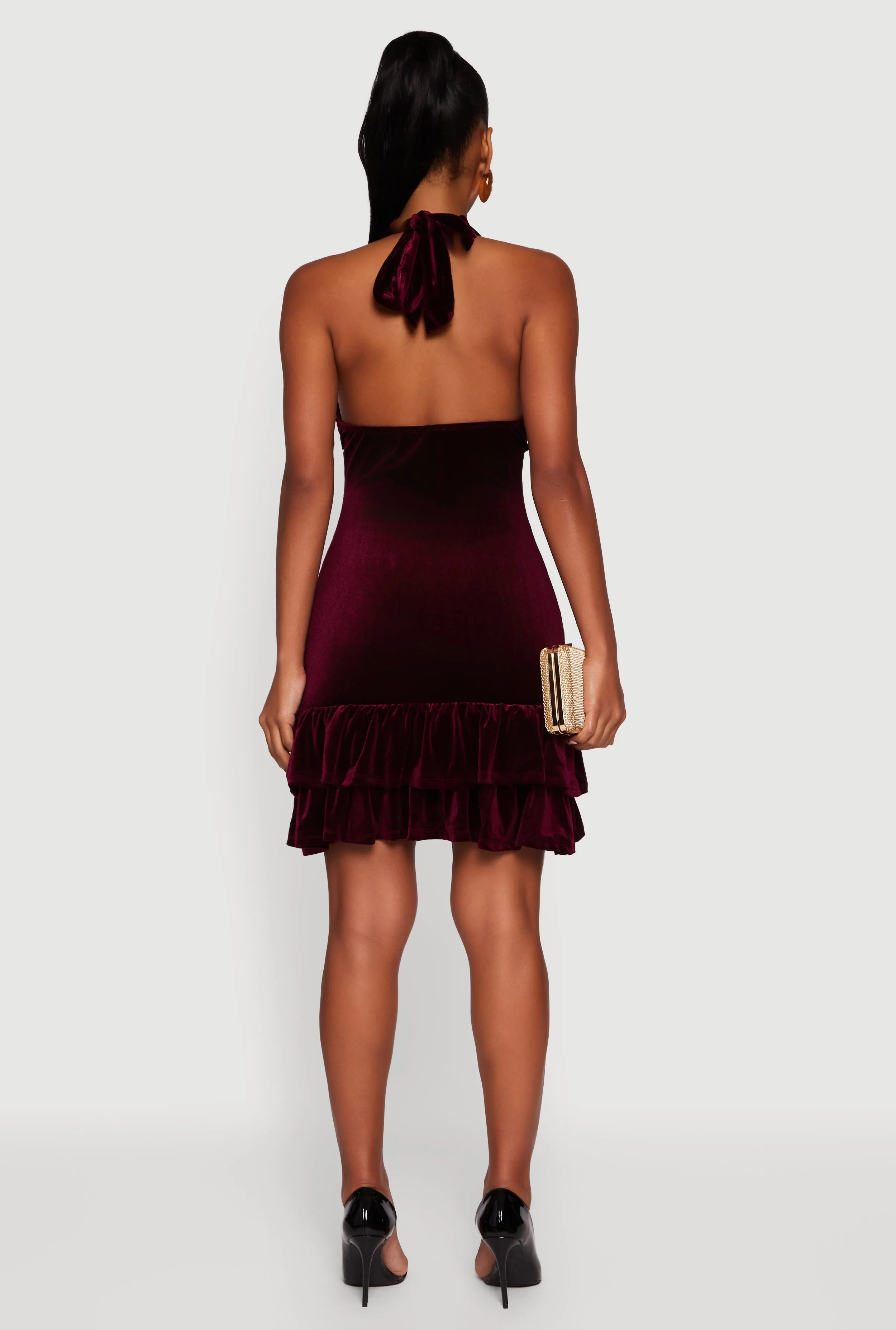 Velvet Ruffle Tiered Tie Back Halter Dress sold by Rainbow product image thumbnail 5
