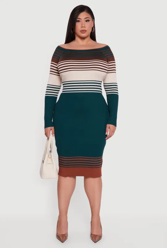 Plus Size Striped Off the Shoulder Midi Sweater Dress sold by Rainbow