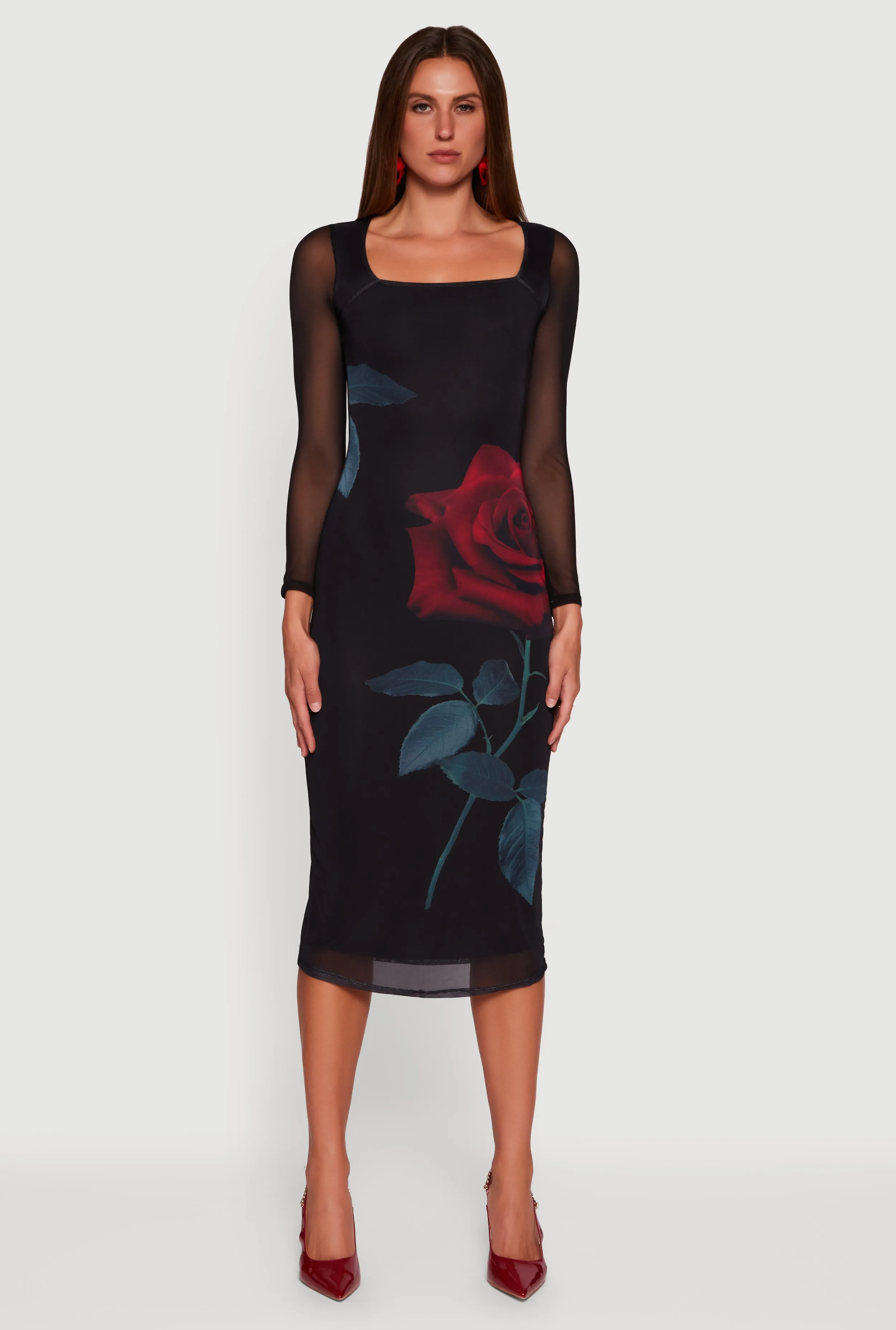 Almost Famous Mesh Rose Print Long Sleeve Midi Dress sold by Rainbow product image thumbnail 2