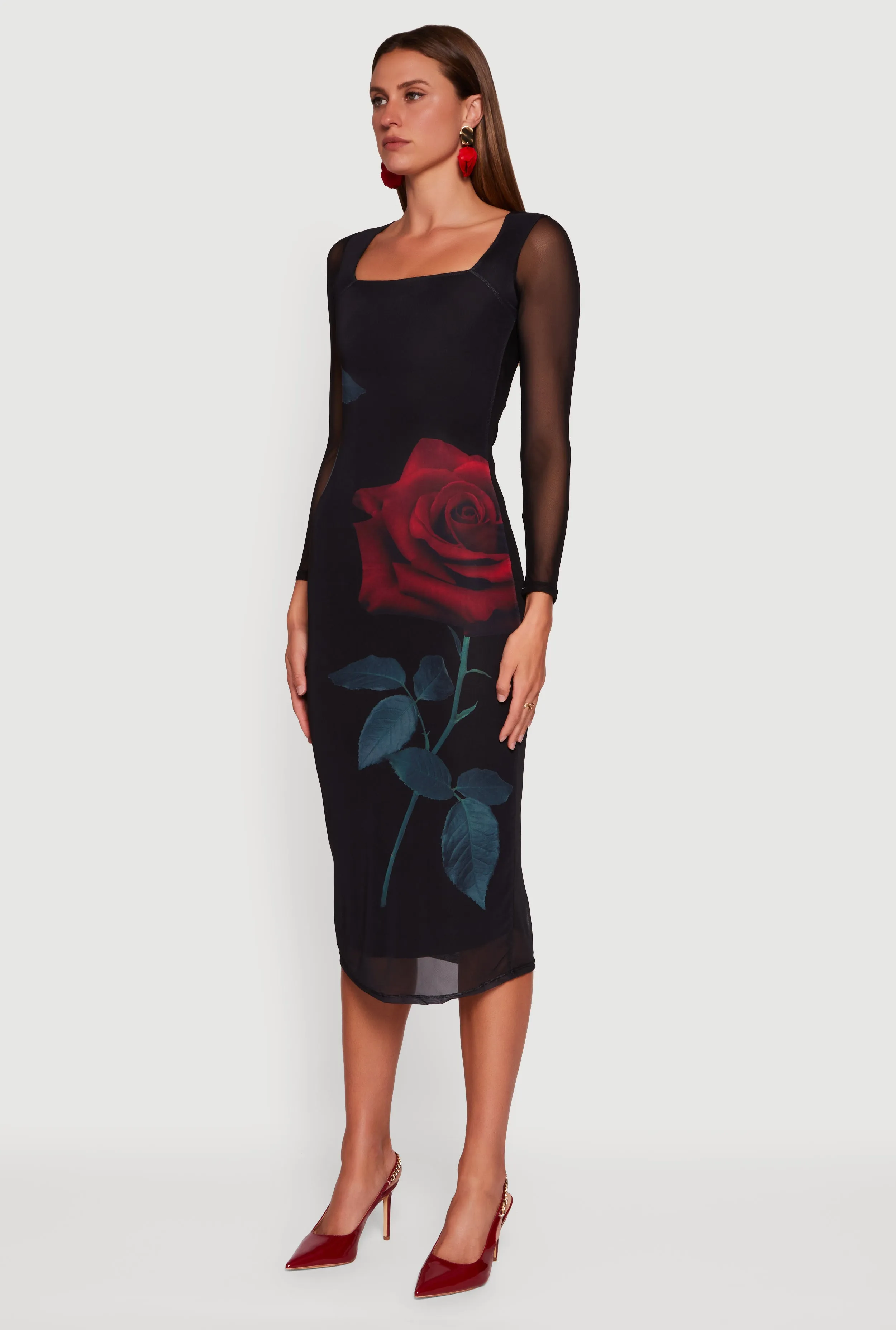 Almost Famous Mesh Rose Print Long Sleeve Midi Dress sold by Rainbow product image thumbnail 3