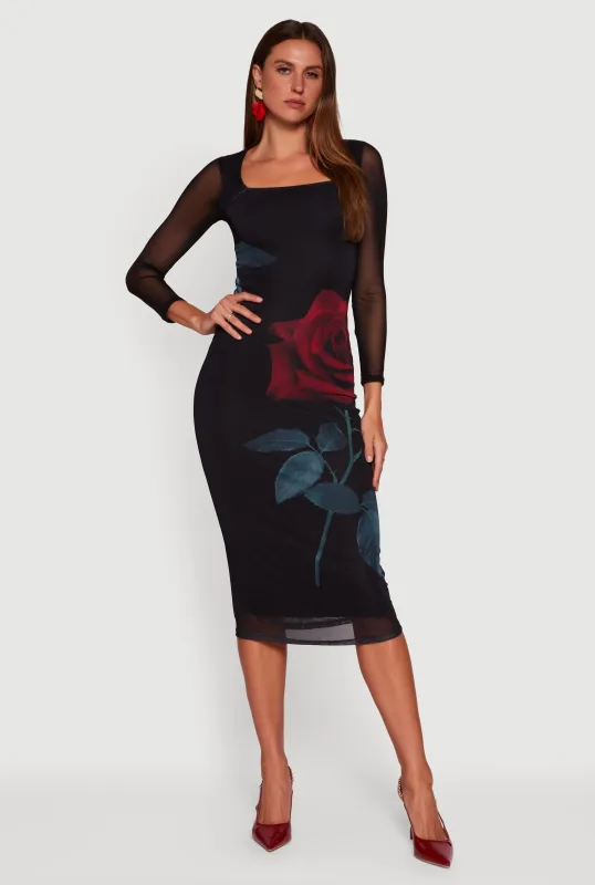 Almost Famous Mesh Rose Print Long Sleeve Midi Dress sold by Rainbow