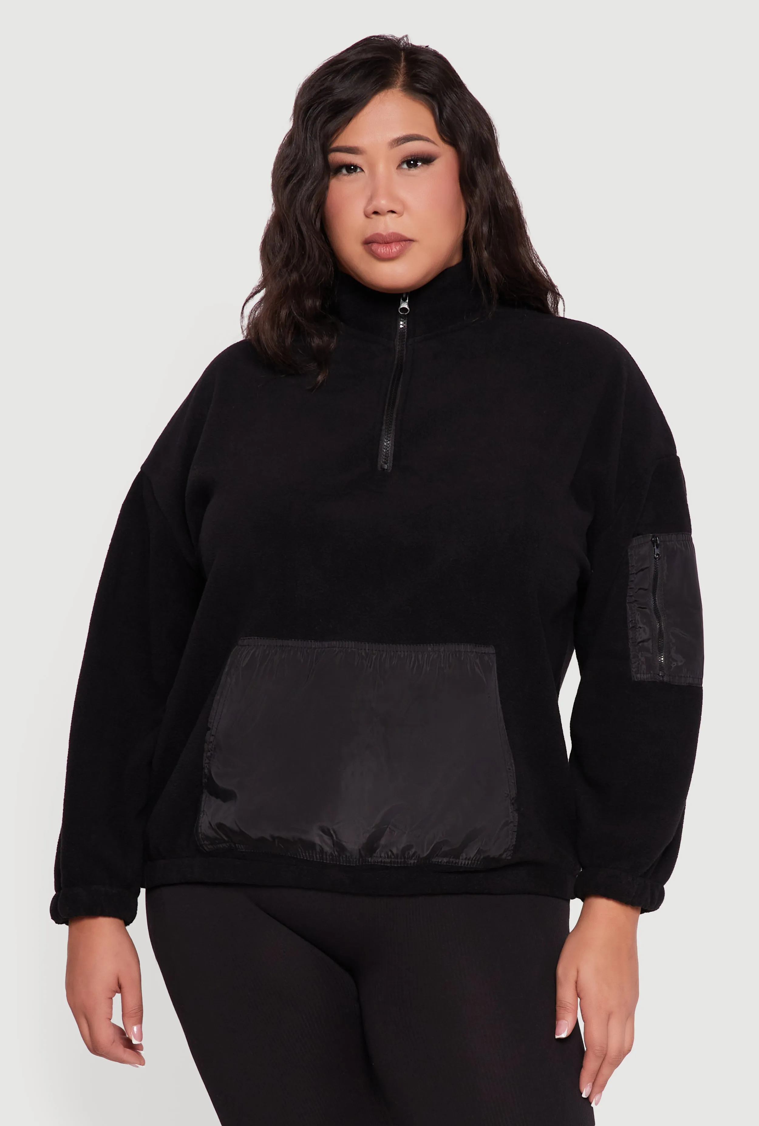 Plus Size Kangaroo Pocket Half Zip Mock Neck Pullover sold by Rainbow product image thumbnail 2