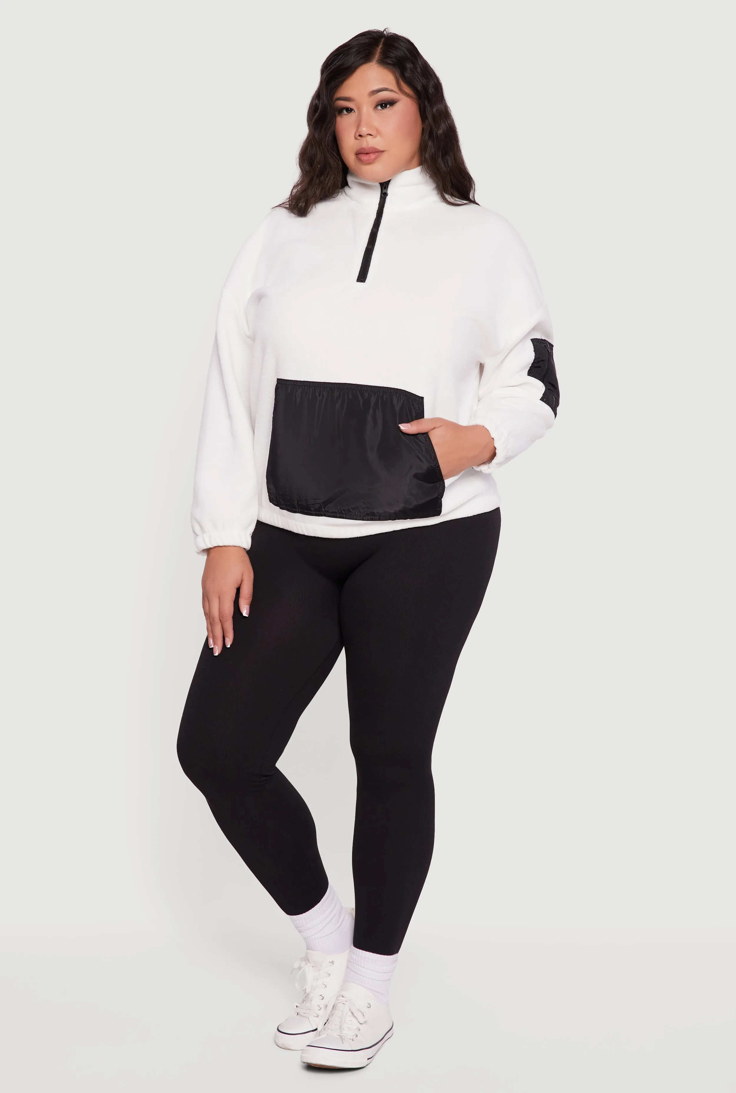 Plus Size Kangaroo Pocket Half Zip Mock Neck Pullover sold by Rainbow