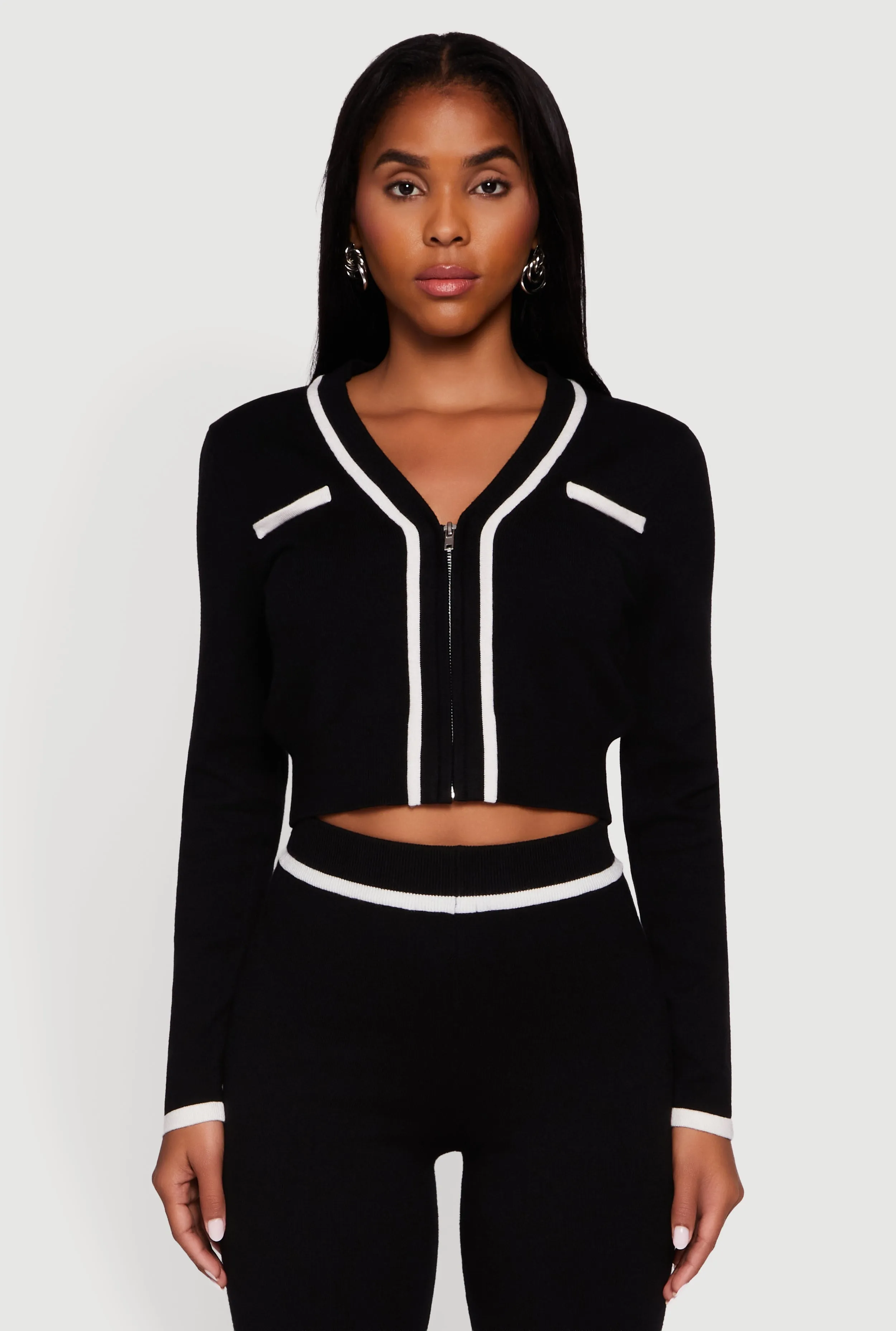 Contrast Trim V Neck Zip Front Cropped Sweater sold by Rainbow