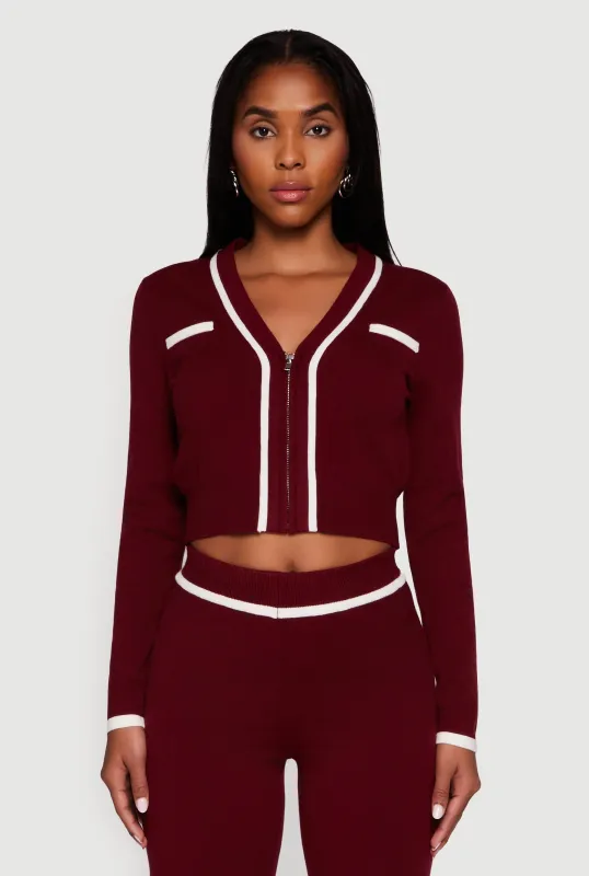 Contrast Trim V Neck Zip Front Cropped Sweater sold by Rainbow