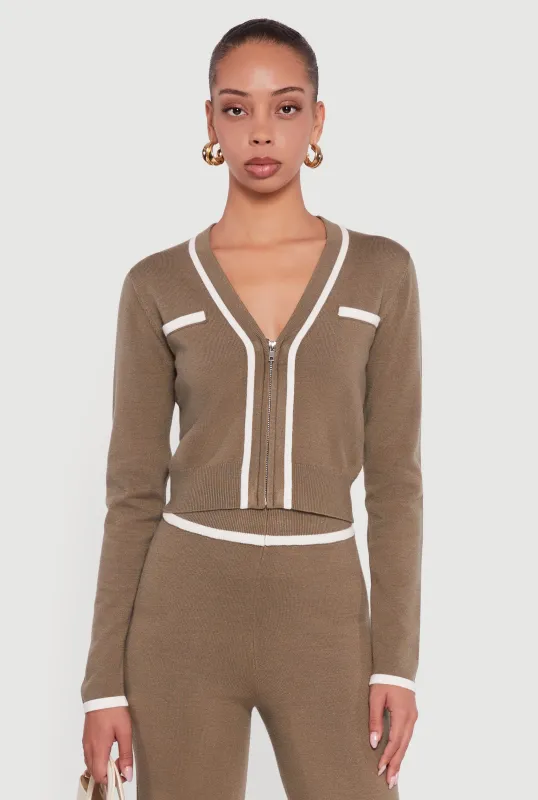 Contrast Trim V Neck Zip Front Cropped Sweater sold by Rainbow