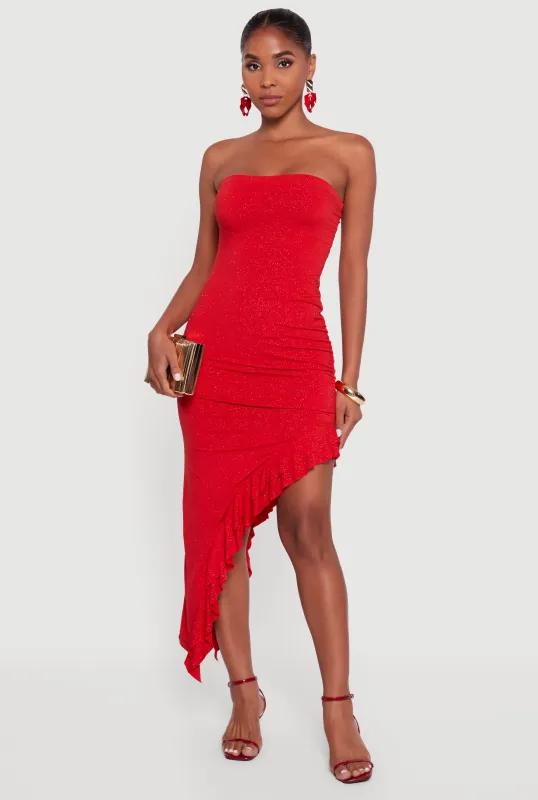 Side Ruched Asymmetrical Ruffle Trim Glittery Midi Dress sold by Rainbow