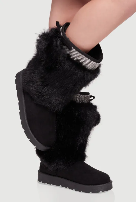 Trendy Faux Fur Lined Faux Suede Pom Pom Detail Booties sold by Rainbow