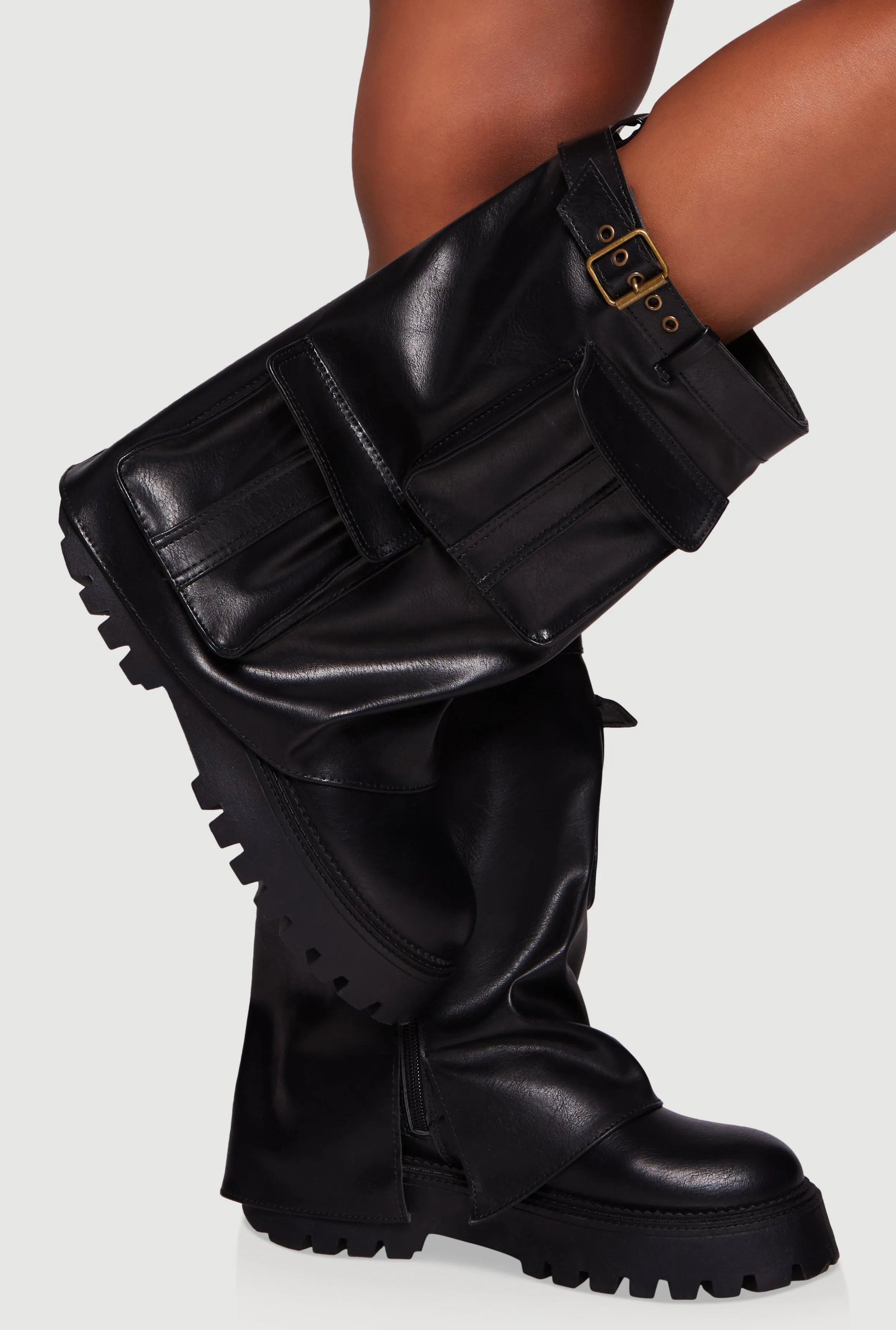Belt Detail Cargo Pocket Fold Over Platform Boots sold by Rainbow