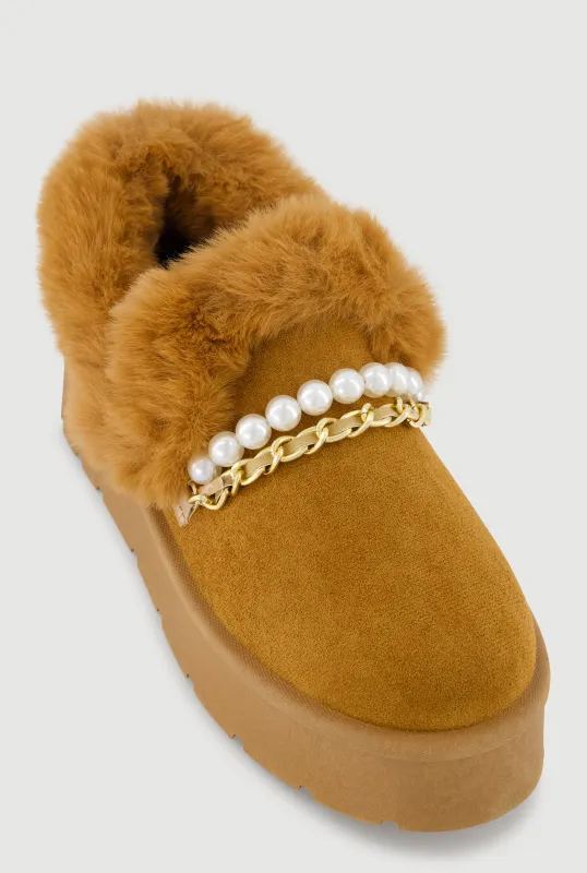 Trendy Faux Fur Lined Faux Suede Booties with Chains and Pearl Detail sold by Rainbow