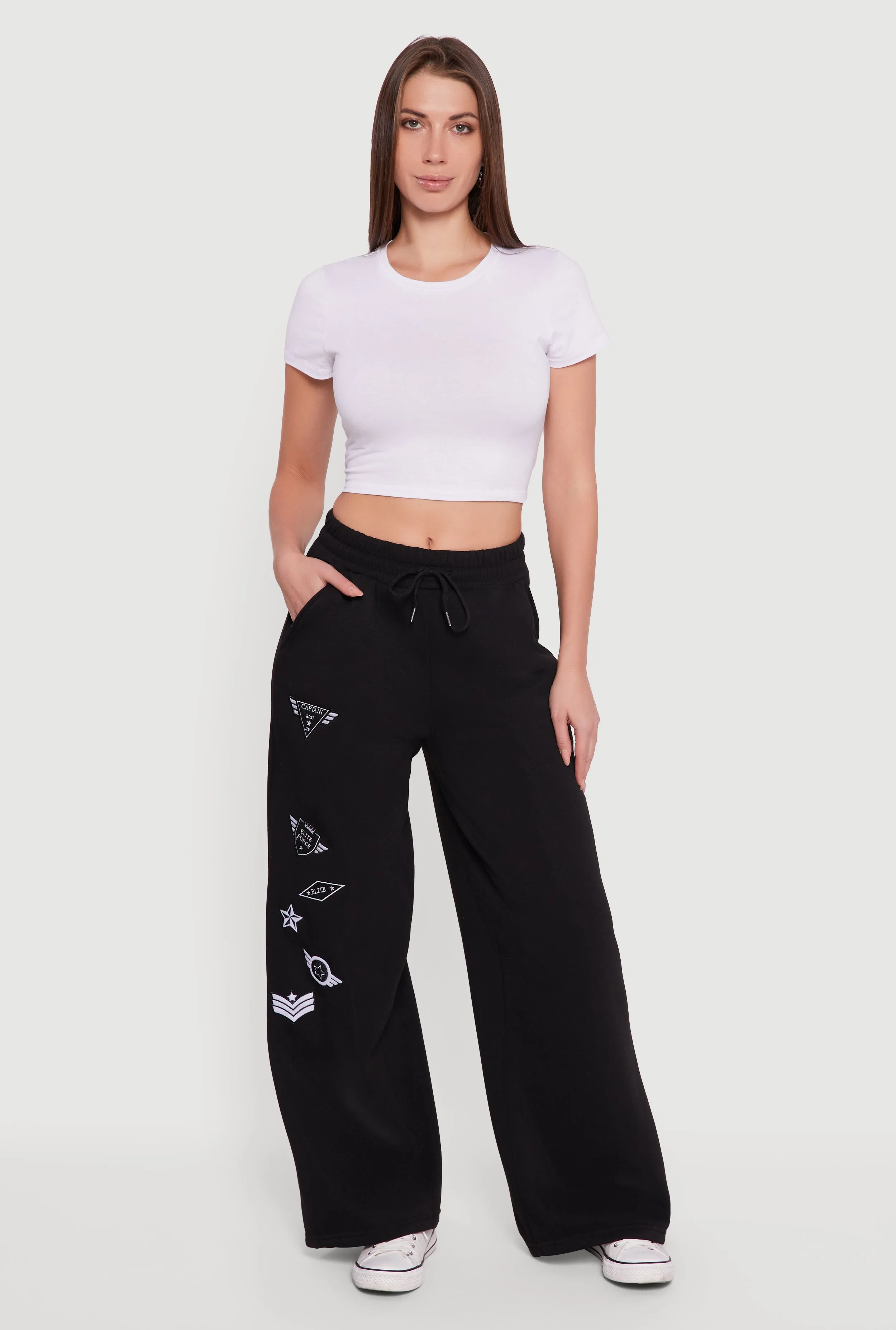 Embroidered Patch Drawstring Waist Wide Leg Sweatpants sold by Rainbow