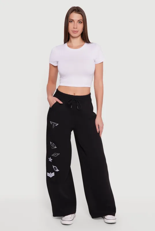 Embroidered Patch Drawstring Waist Wide Leg Sweatpants sold by Rainbow