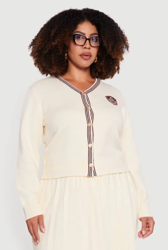 Plus Size Striped Trim Teddy Bear Button Front Cardigan sold by Rainbow