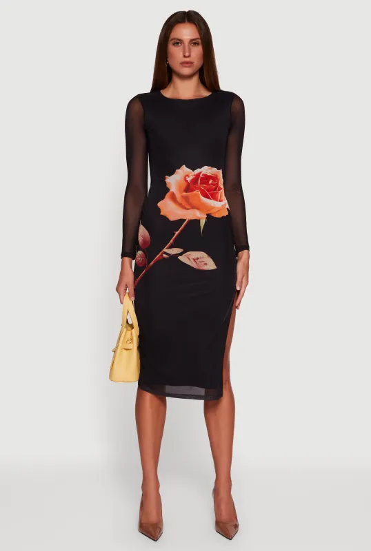 Almost Famous Mesh Rose Print Side Slit Dress sold by Rainbow