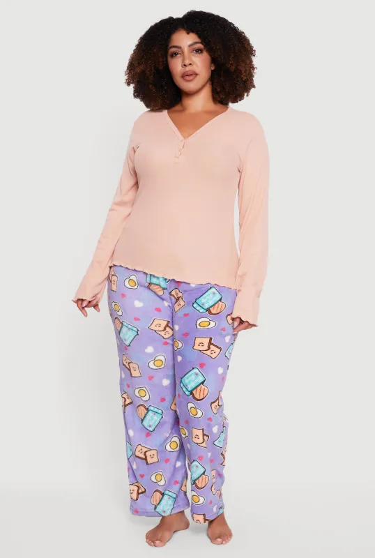 Plus Size Waffle Knit Pajama Top and Breakfast Graphic Pants sold by Rainbow