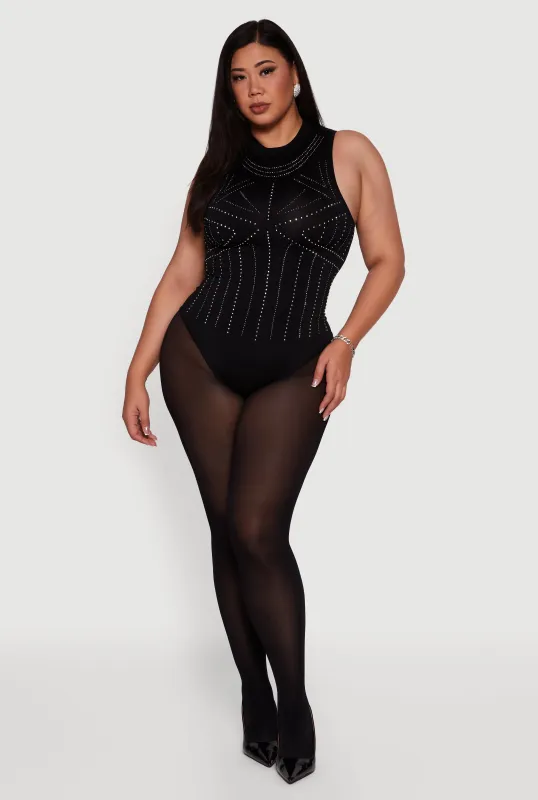 Plus Size Rhinestone Seamless High Neck Bodysuit sold by Rainbow